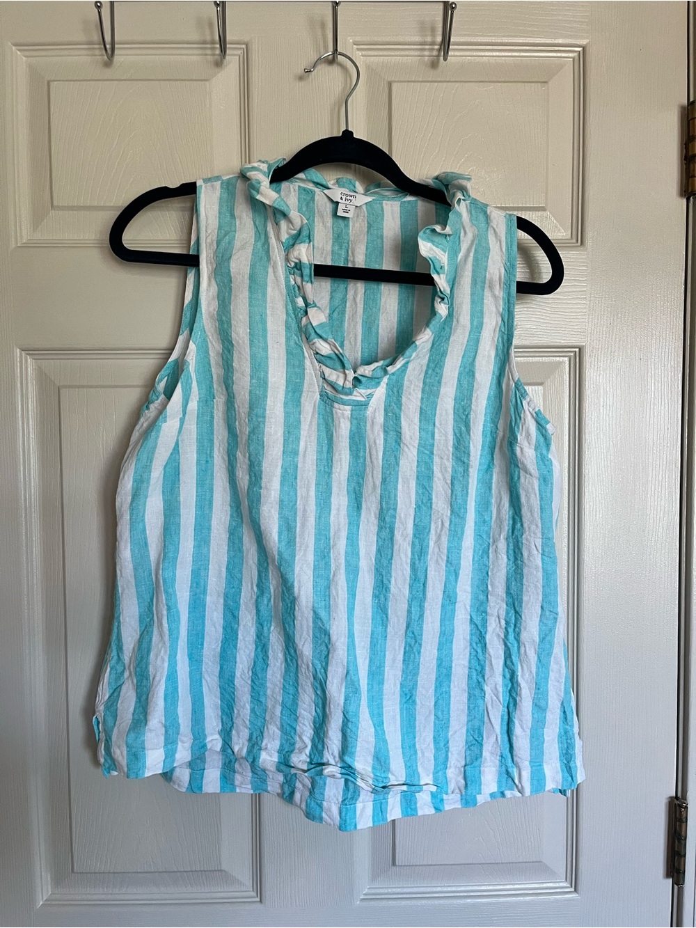 crown & ivy Teal and White Striped Ruffle Neck Tank